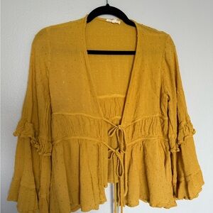 Women's Yellow Textured Tie Front Top